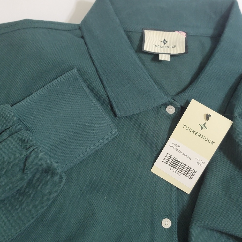 NWT Tuckernuck June Bug Polo Shirt Dress Long Sleeve Womens LG Green Cotton